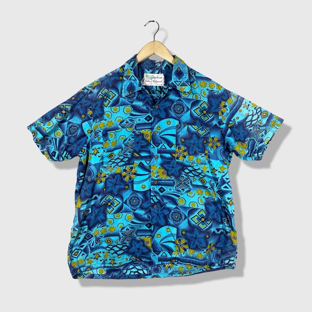 Waikiki Wear Duke of Hollywood Hawaiian Shirt Mens Large Blue Floral Aloha Retro